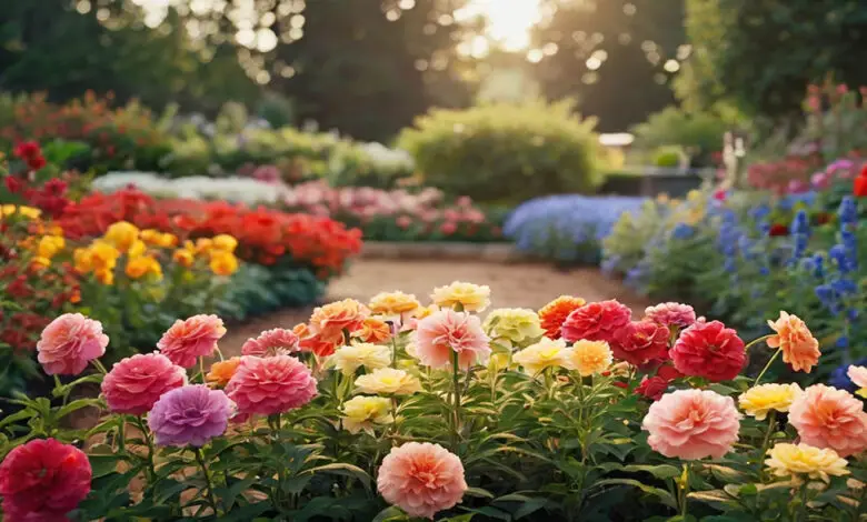 beautiful flowers in the colors of red, yellow, purple, blue and orange, within a beautiful and colorful garden