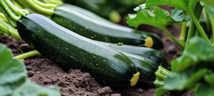 zucchini with dark green color laying on the ground, ready to harvest